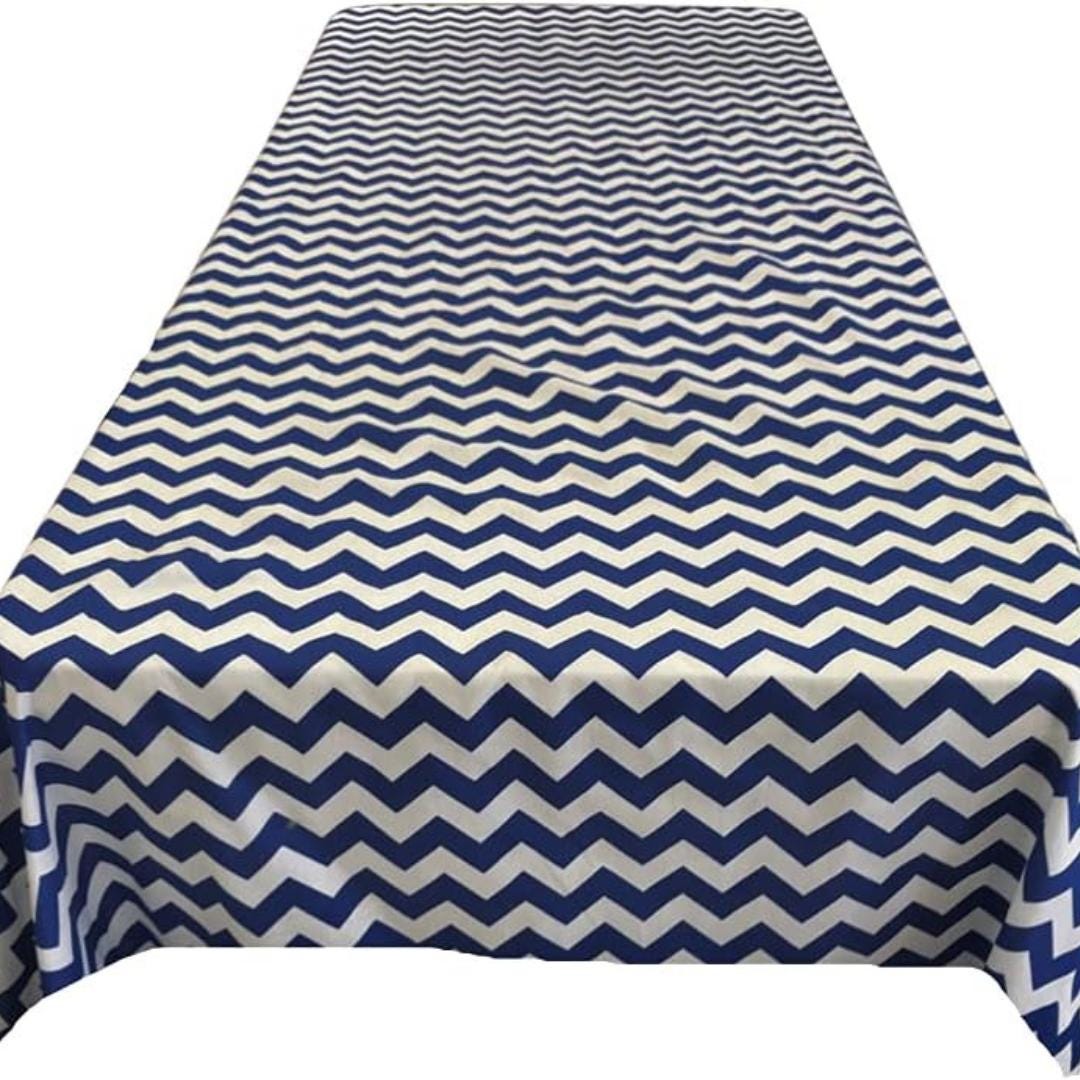 Chevron/Zig Zag  - Print Poly Cotton Tablecloth Table Cover Fabric Table Cloth for Dinning, Kitchen, Party. White & Navy