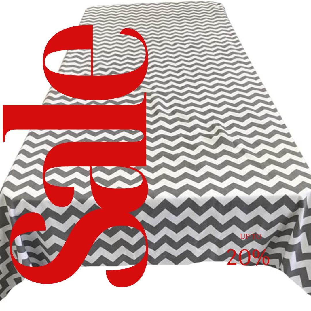 Chevron/Zig Zag  - Print Poly Cotton Tablecloth Table Cover Fabric Table Cloth for Dinning, Kitchen, Party. White & Silver
