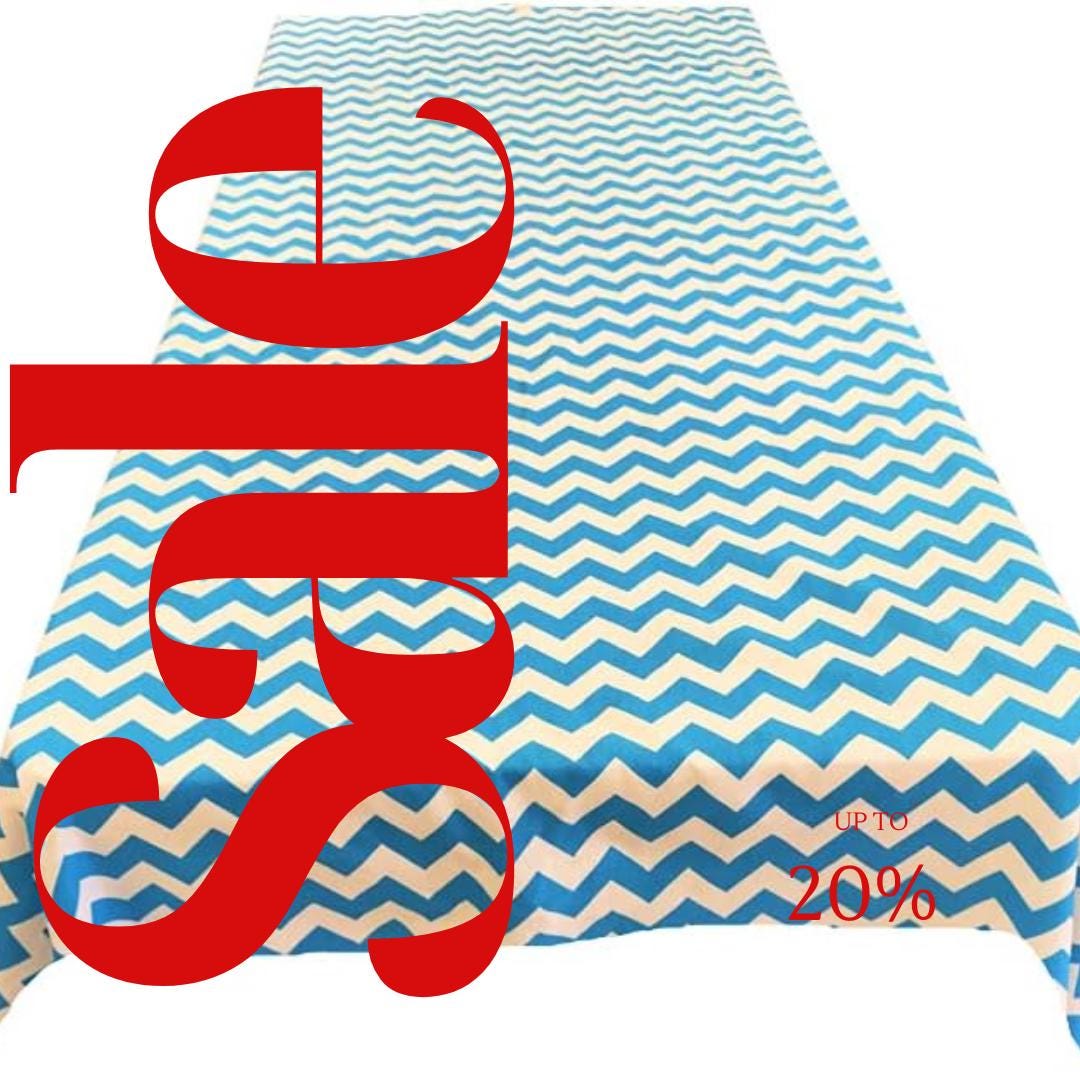 Chevron/Zig Zag  - Print Poly Cotton Tablecloth Table Cover Fabric Table Cloth for Dinning, Kitchen, Party. White & Turquoise