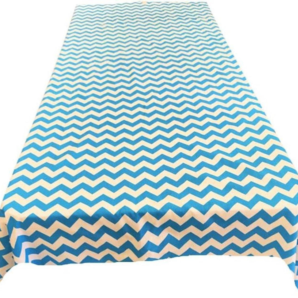 Chevron/Zig Zag  - Print Poly Cotton Tablecloth Table Cover Fabric Table Cloth for Dinning, Kitchen, Party. White & Turquoise
