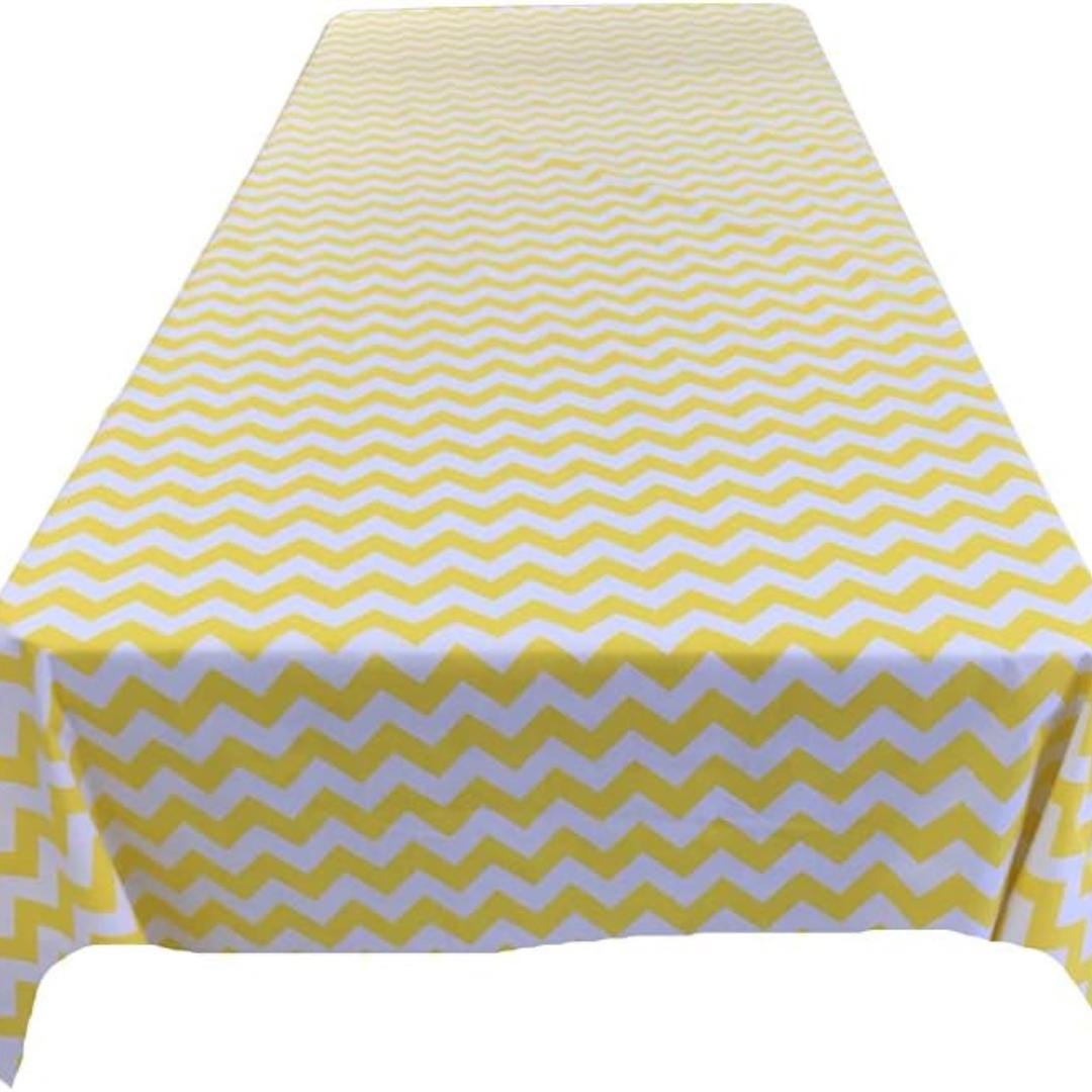 Chevron/Zig Zag  - Print Poly Cotton Tablecloth Table Cover Fabric Table Cloth for Dinning, Kitchen, Party. White & Yellow