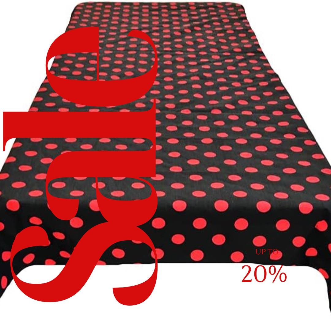 Polka Dot  - Print Poly Cotton Tablecloth Table Cover Fabric Table Cloth for Dinning, Kitchen, Party. Red Dot on Black