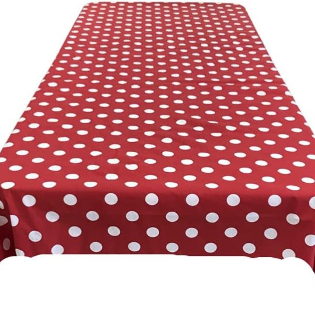 Polka Dot  - Print Poly Cotton Tablecloth Table Cover Fabric Table Cloth for Dinning, Kitchen, Party. White Dot on Red