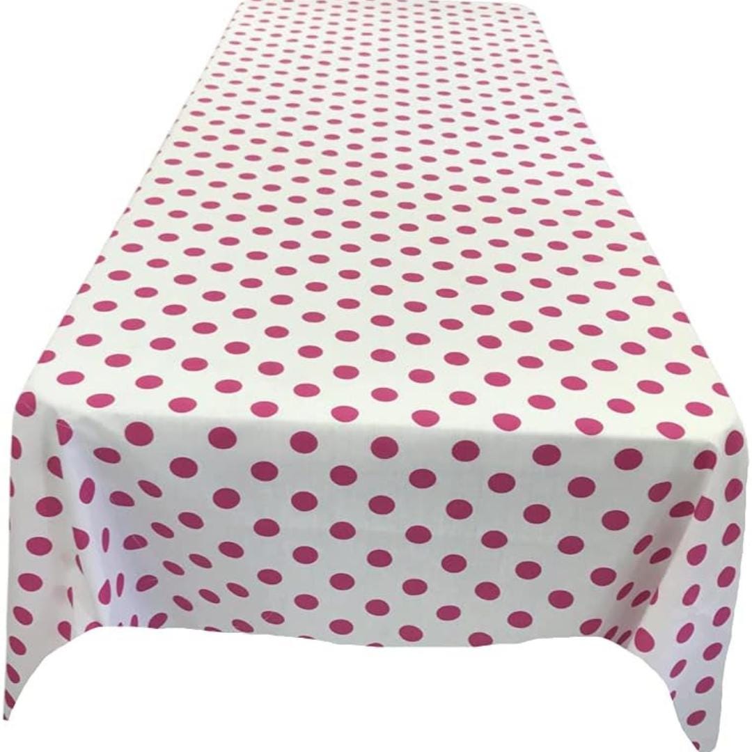 Polka Dot  - Print Poly Cotton Tablecloth Table Cover Fabric Table Cloth for Dinning, Kitchen, Party. Fuchsia Dot on White