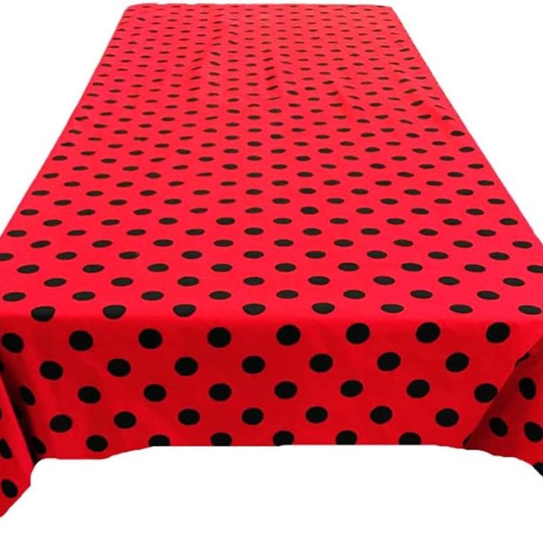 Polka Dot  - Print Poly Cotton Tablecloth Table Cover Fabric Table Cloth for Dinning, Kitchen, Party. Black Dot on Red