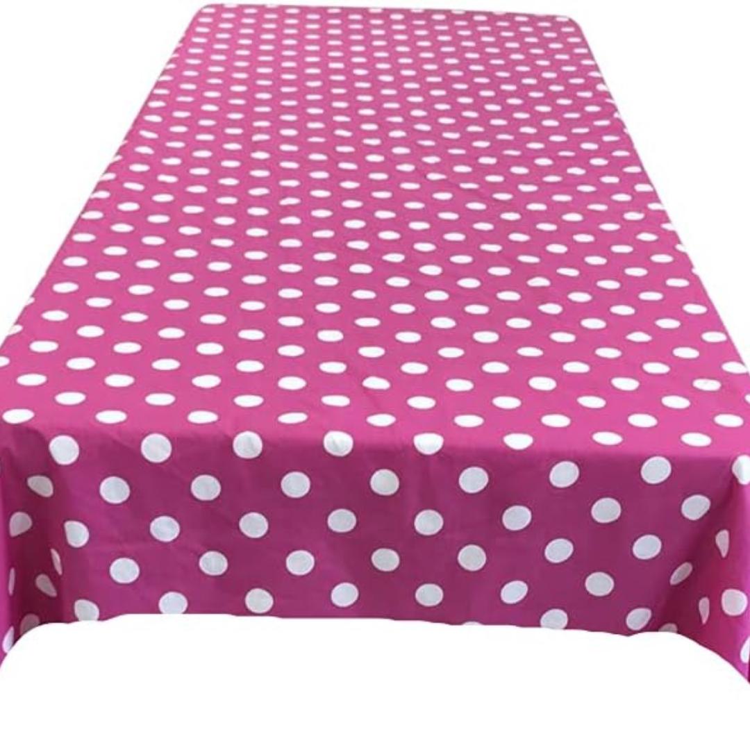 Polka Dot  - Print Poly Cotton Tablecloth Table Cover Fabric Table Cloth for Dinning, Kitchen, Party. White Dot on Fuchsia,