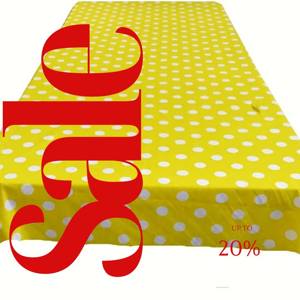 Polka Dot  - Print Poly Cotton Tablecloth Table Cover Fabric Table Cloth for Dinning, Kitchen, Party. White Dot on Yellow