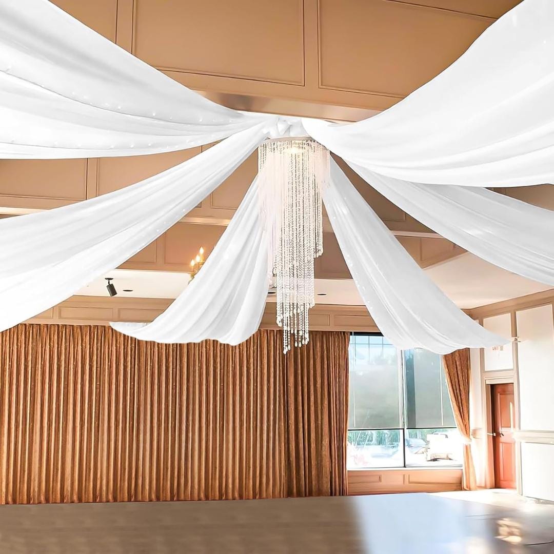 WHITE - 6 Panels Ceiling Drapes for Wedding 5ftx33ft Sheer Drapery Chiffon Fabric Arch Draping for Party Ceremony Birthday Baby Shower