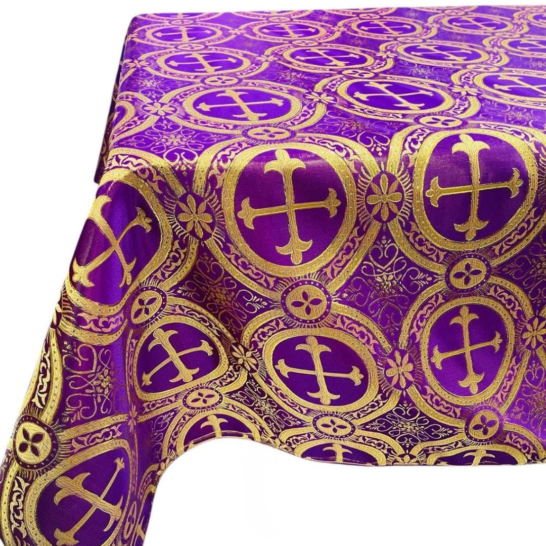 Rectangular Metallic Cross Brocade - PURPLE/GOLD - Jacquard Satin Tablecloth Overlay/Religious Brocade/Liturgical Fabric/Church.