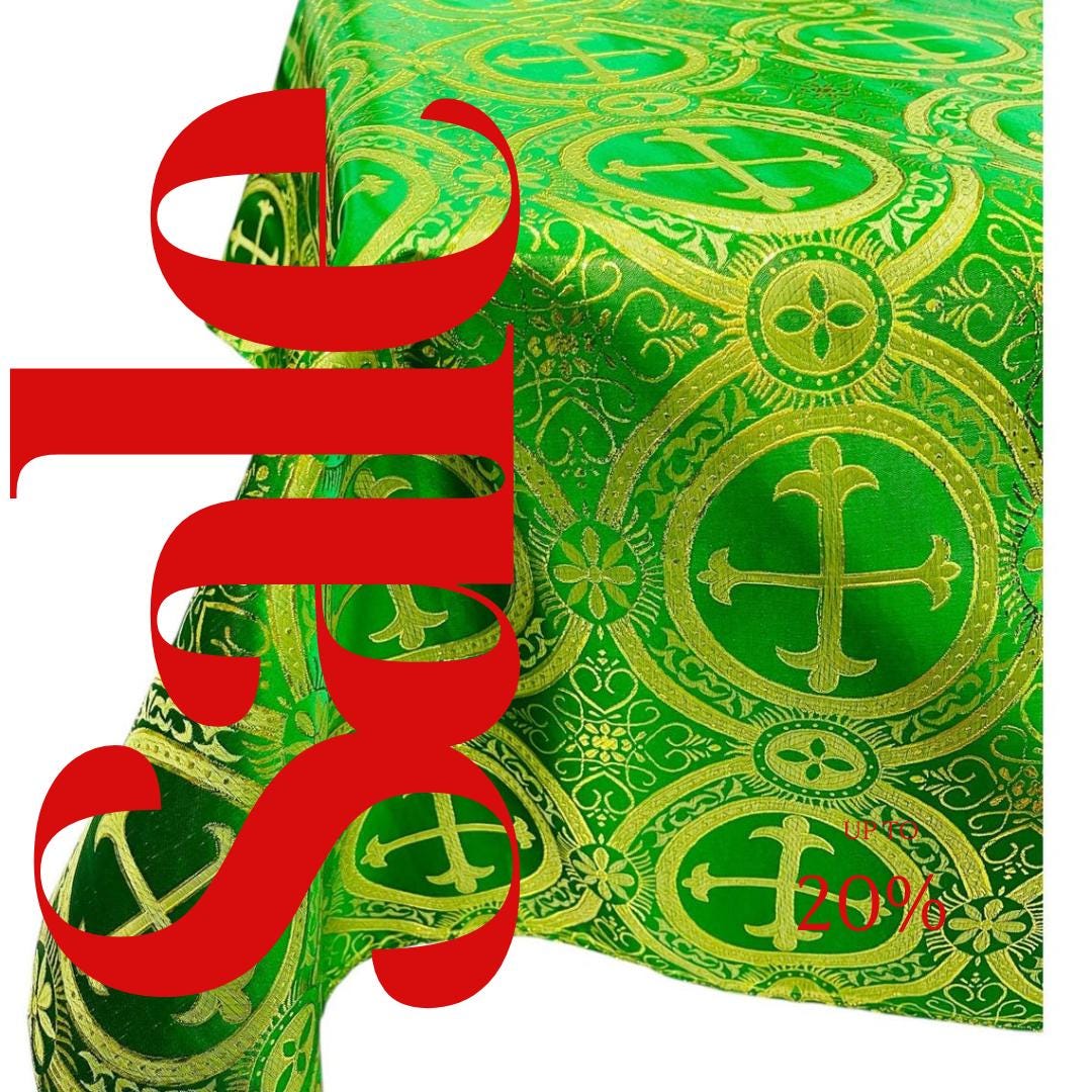 Rectangular Metallic Cross Brocade - GREEN/GOLD - Jacquard Satin Tablecloth Overlay/Religious Brocade/Liturgical Fabric/Church.