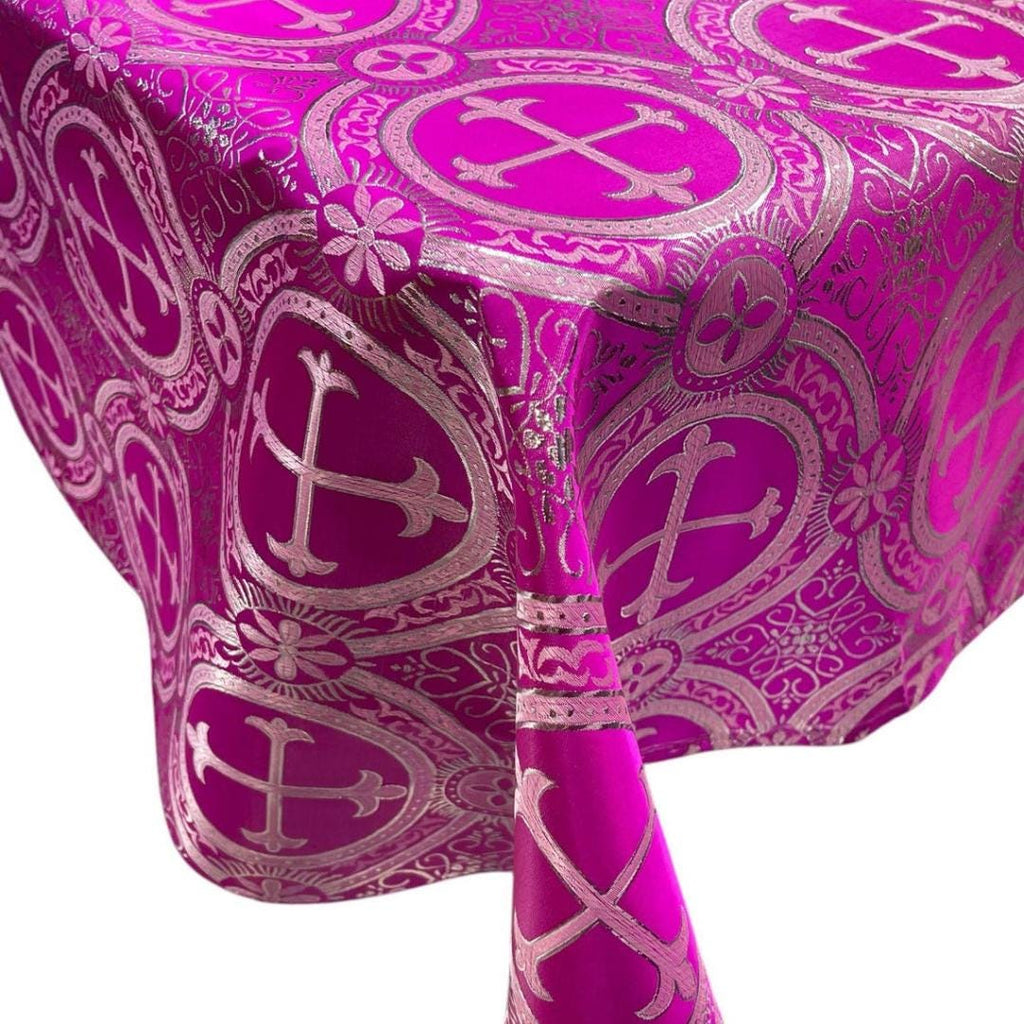 OVERLAY  - Metallic Cross Brocade - FUCHSIA/SILVER - Jacquard Satin Tablecloth Overlay/Religious Brocade/Liturgical Fabric/Church.