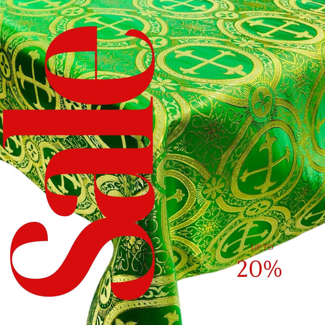 OVERLAY  - Metallic Cross Brocade - GREEN/GOLD - Jacquard Satin Tablecloth Overlay/Religious Brocade/Liturgical Fabric/Church.