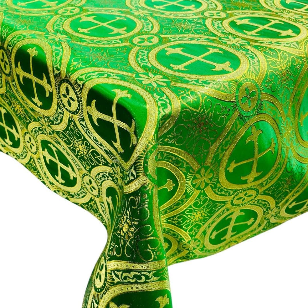 OVERLAY  - Metallic Cross Brocade - GREEN/GOLD - Jacquard Satin Tablecloth Overlay/Religious Brocade/Liturgical Fabric/Church.