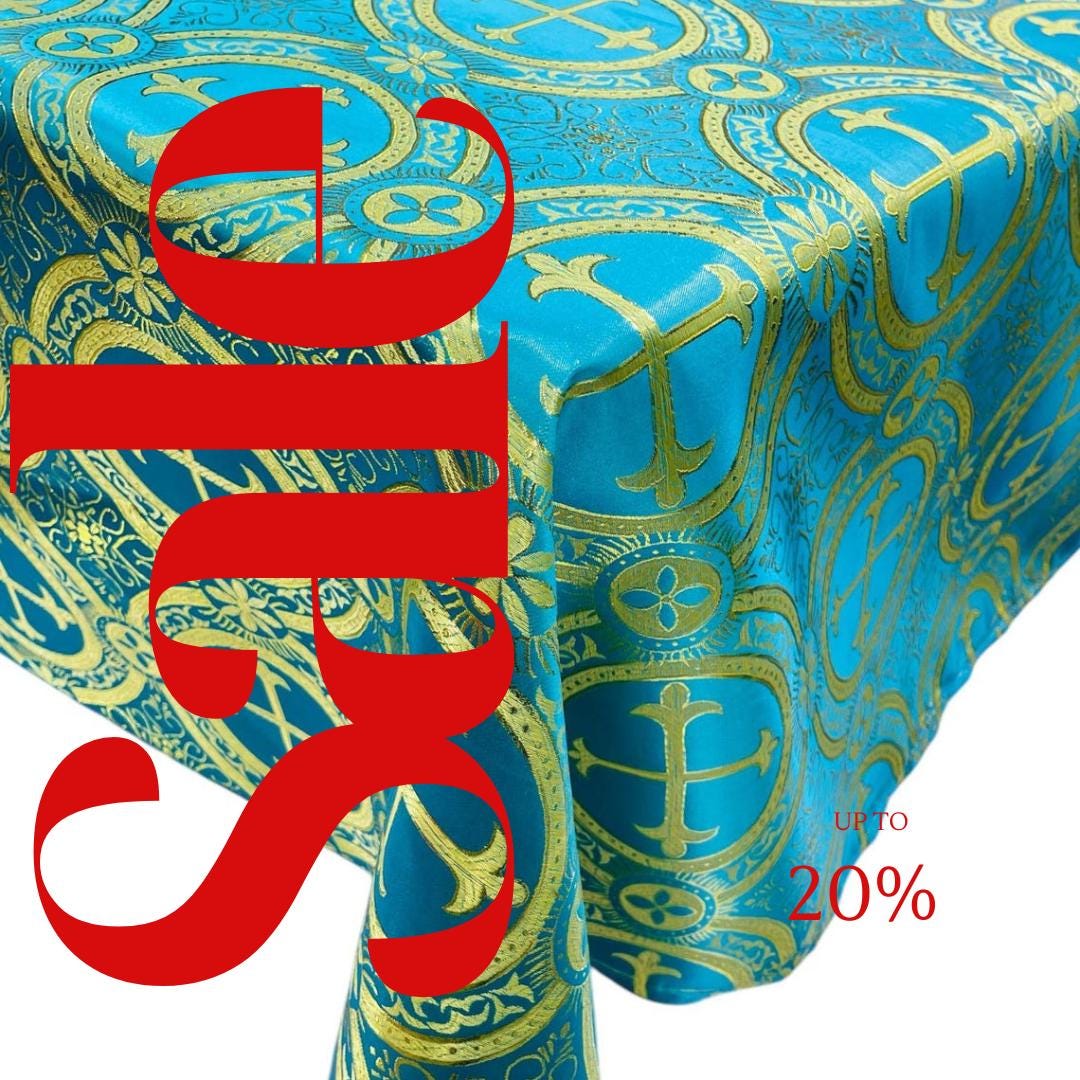 OVERLAY  - Metallic Cross Brocade - TURQUOISE/GOLD - Jacquard Satin Tablecloth Overlay/Religious Brocade/Liturgical Fabric/Church.