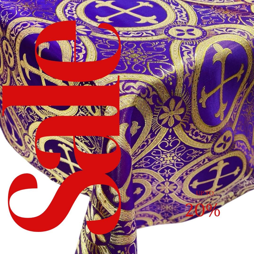 OVERLAY  - Metallic Cross Brocade - PURPLE/GOLD - Jacquard Satin Tablecloth Overlay/Religious Brocade/Liturgical Fabric/Church.