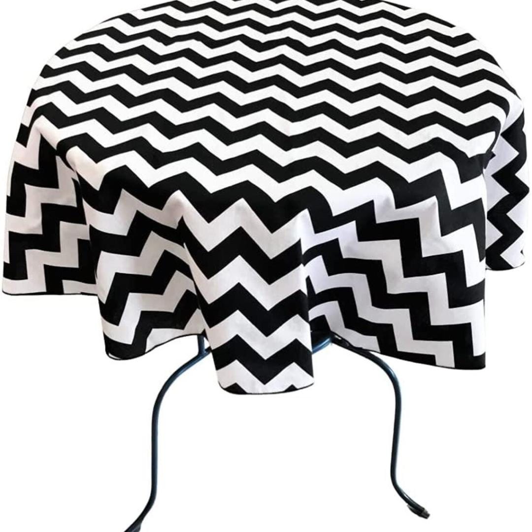 Black  - Chevron/Zig Zag - Round Print Poly Cotton Tablecloth, Table Cover Fabric Table Cloth for Dinning, Kitchen, Party, Holiday