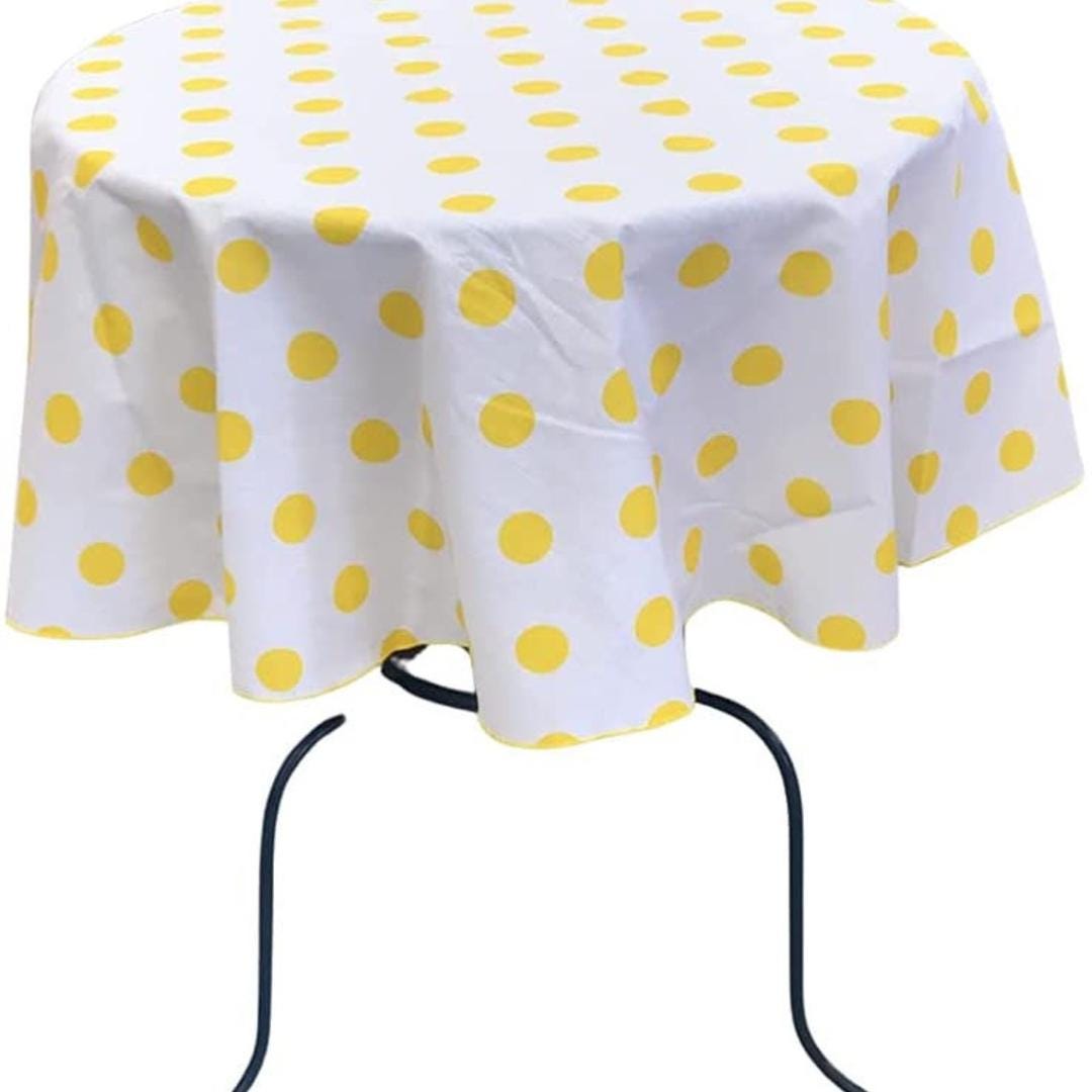 White/Yellow  - Polka Dot - Round Print Poly Cotton Tablecloth, Table Cover Fabric Table Cloth for Dinning, Kitchen, Party, Holiday