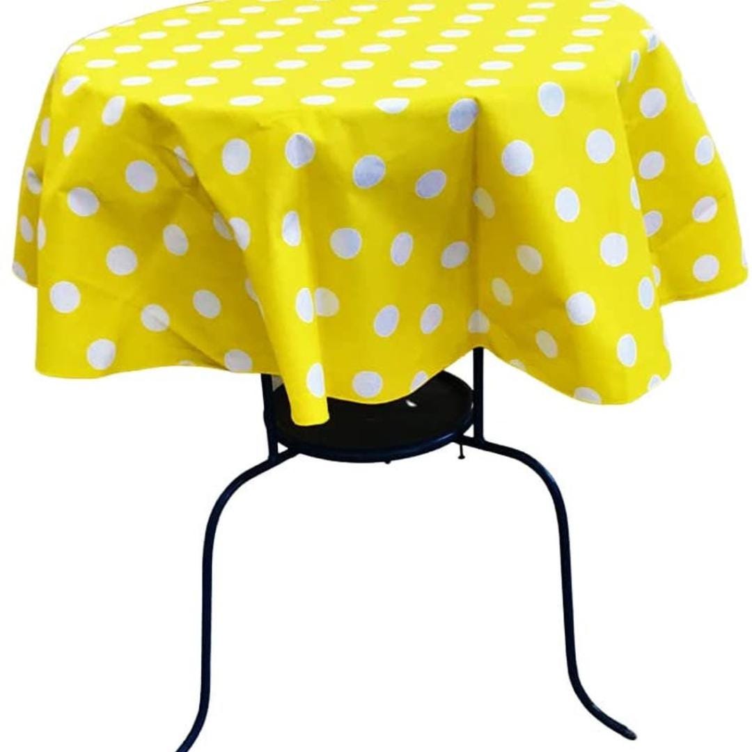 Yellow/White  - Polka Dot - Round Print Poly Cotton Tablecloth, Table Cover Fabric Table Cloth for Dinning, Kitchen, Party, Holiday