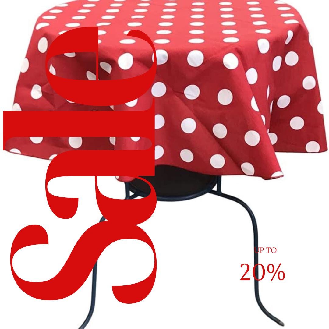 Red/White  - Polka Dot - Round Print Poly Cotton Tablecloth, Table Cover Fabric Table Cloth for Dinning, Kitchen, Party, Holiday