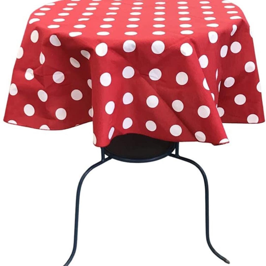 Red/White  - Polka Dot - Round Print Poly Cotton Tablecloth, Table Cover Fabric Table Cloth for Dinning, Kitchen, Party, Holiday