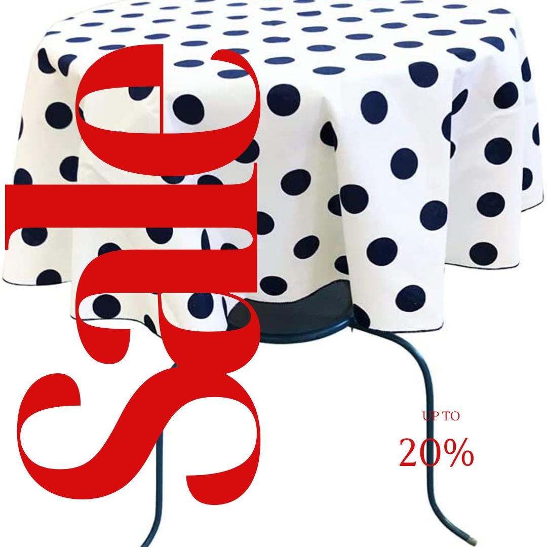 White/Navy  - Polka Dot - Round Print Poly Cotton Tablecloth, Table Cover Fabric Table Cloth for Dinning, Kitchen, Party, Holiday