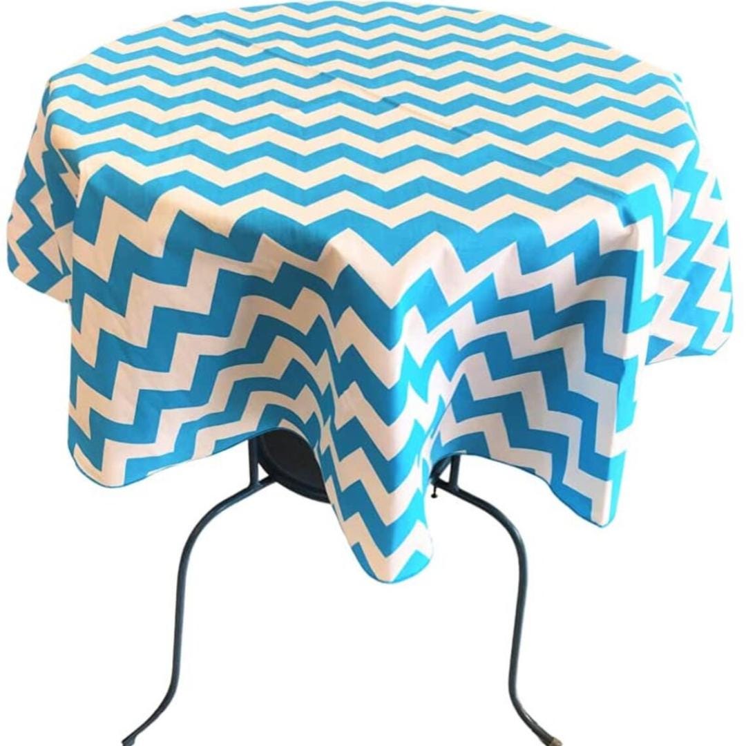 Turquoise  - Chevron/Zig Zag - Round Print Poly Cotton Tablecloth, Table Cover Fabric Table Cloth for Dinning, Kitchen, Party, Holiday
