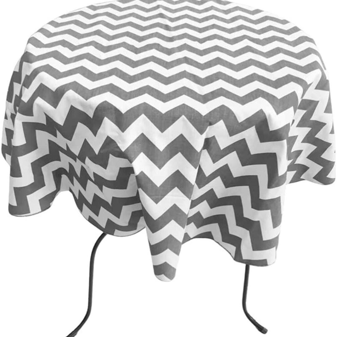 Silver  - Chevron/Zig Zag - Round Print Poly Cotton Tablecloth, Table Cover Fabric Table Cloth for Dinning, Kitchen, Party, Holiday