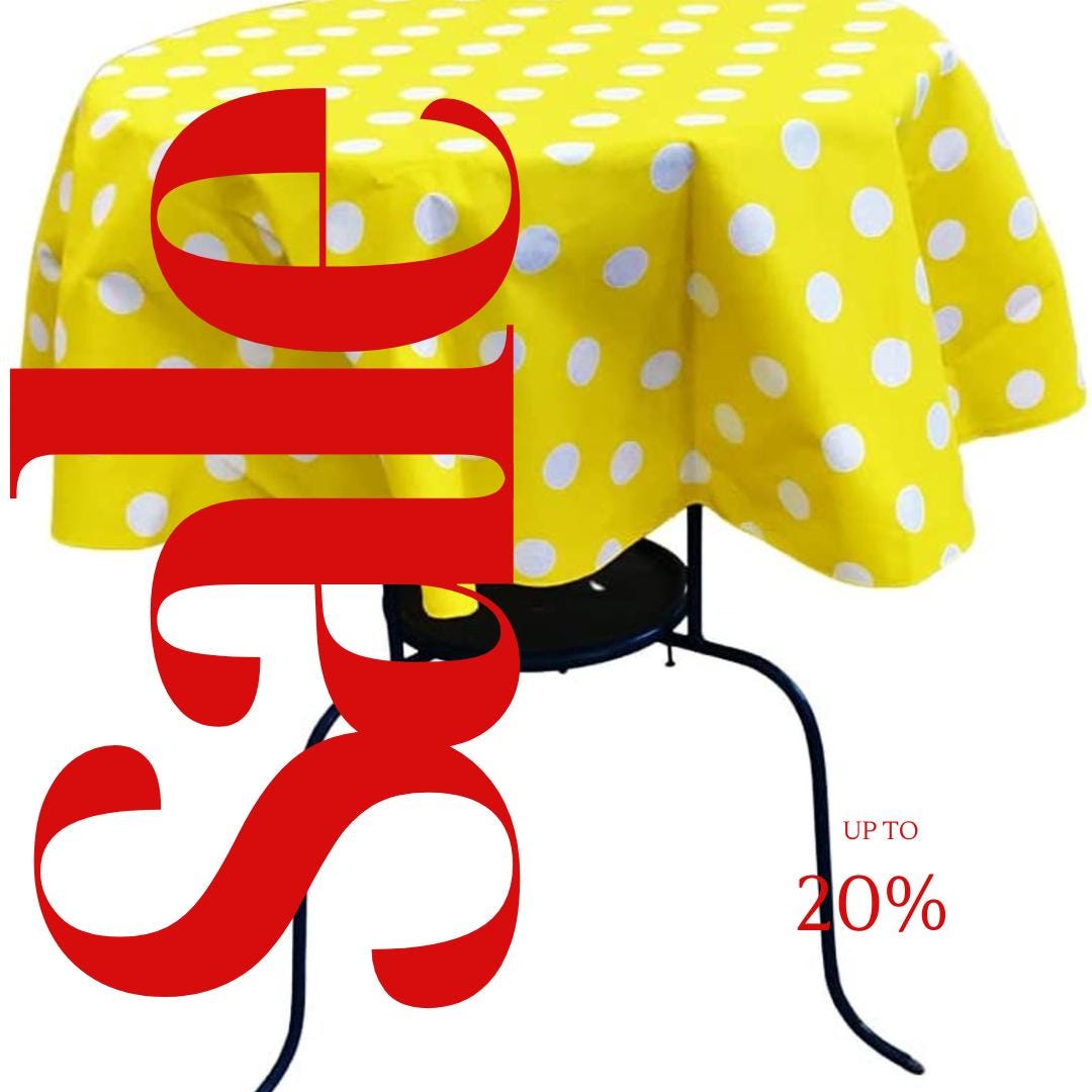 Yellow/White  - Polka Dot - Round Print Poly Cotton Tablecloth, Table Cover Fabric Table Cloth for Dinning, Kitchen, Party, Holiday
