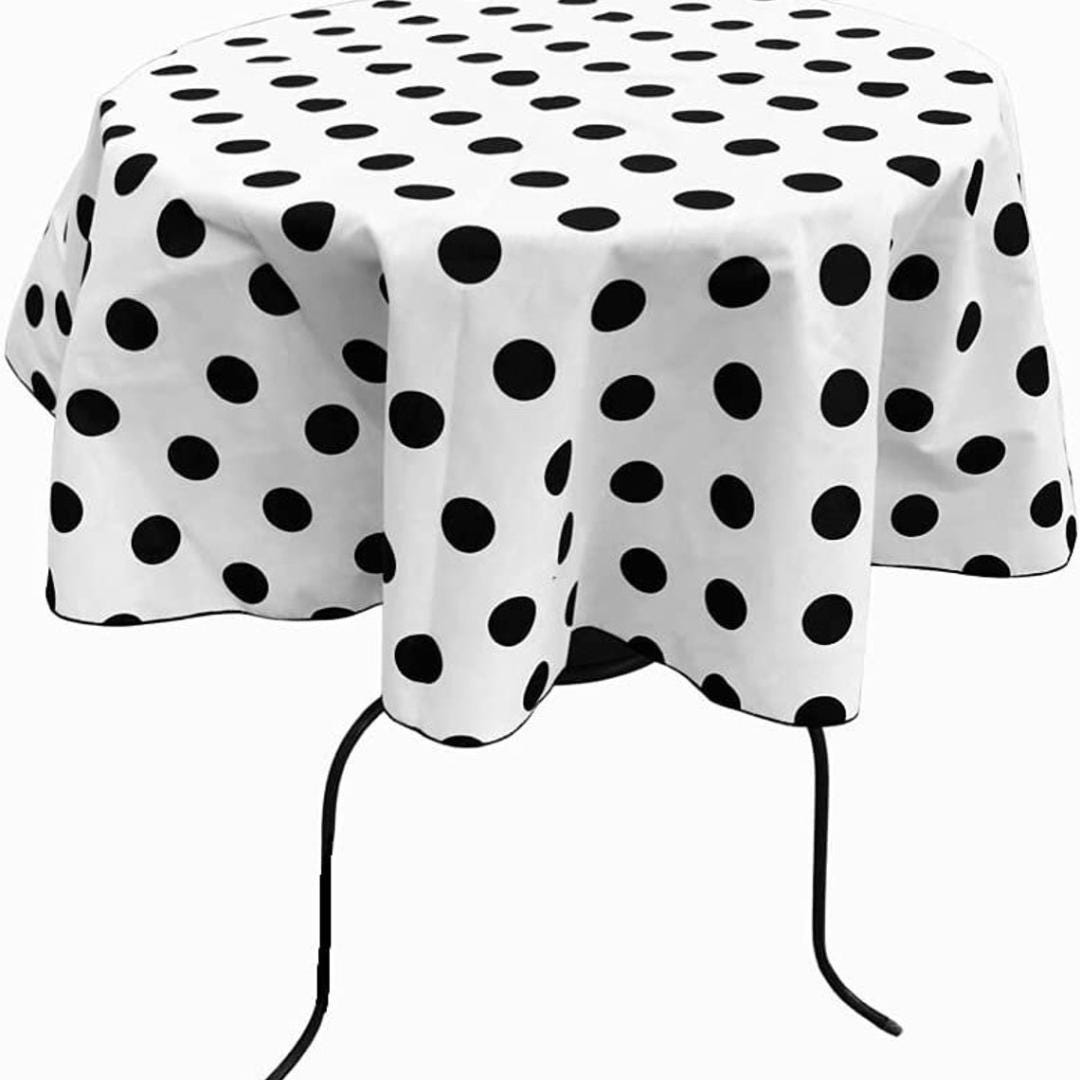 White/Black  - Polka Dot - Round Print Poly Cotton Tablecloth, Table Cover Fabric Table Cloth for Dinning, Kitchen, Party, Holiday