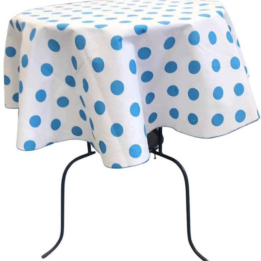 White/Turquoise  - Polka Dot - Round Print Poly Cotton Tablecloth, Table Cover Fabric Table Cloth for Dinning, Kitchen, Party, Holiday
