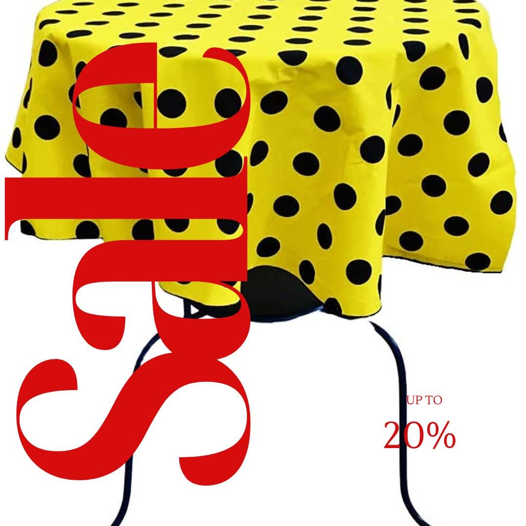 Yellow/Black  - Polka Dot - Round Print Poly Cotton Tablecloth, Table Cover Fabric Table Cloth for Dinning, Kitchen, Party, Holiday