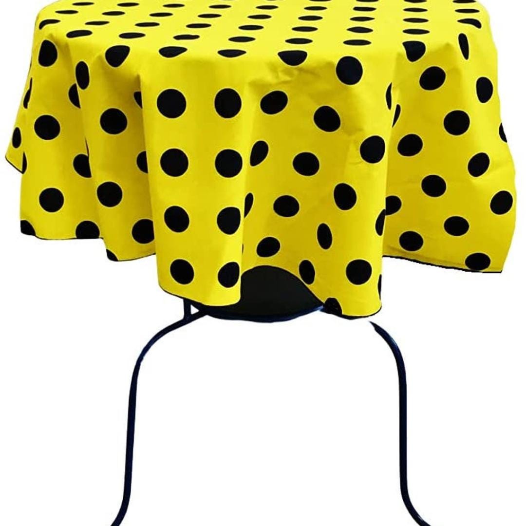 Yellow/Black  - Polka Dot - Round Print Poly Cotton Tablecloth, Table Cover Fabric Table Cloth for Dinning, Kitchen, Party, Holiday