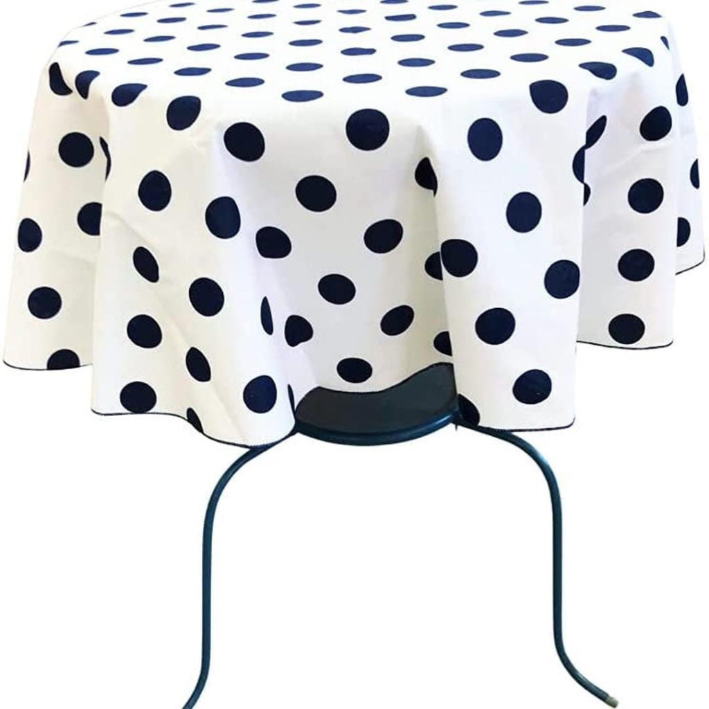 White/Navy  - Polka Dot - Round Print Poly Cotton Tablecloth, Table Cover Fabric Table Cloth for Dinning, Kitchen, Party, Holiday