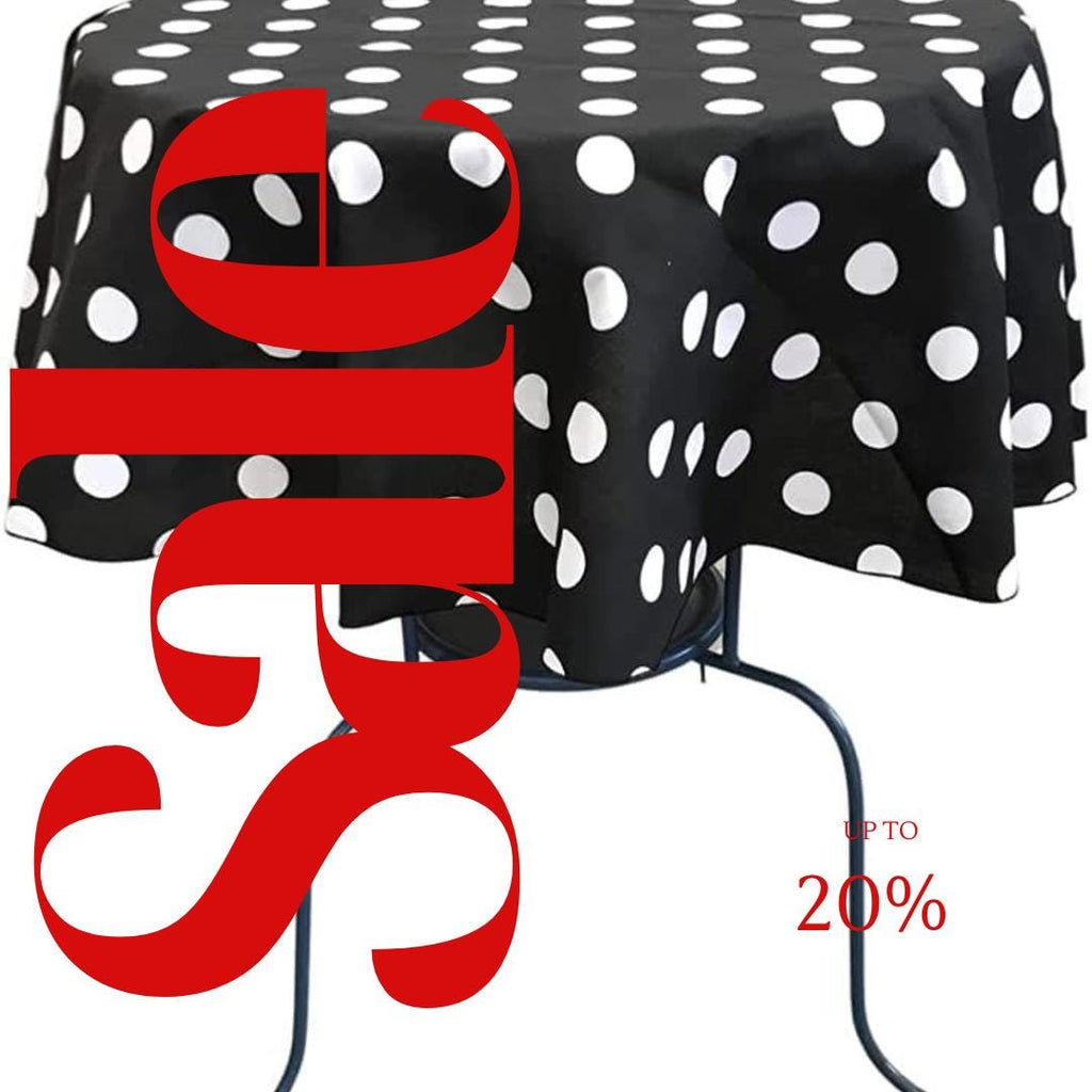 Black/White - Polka Dot - Round Print Poly Cotton Tablecloth, Table Cover Fabric Table Cloth for Dinning, Kitchen, Party, Holiday