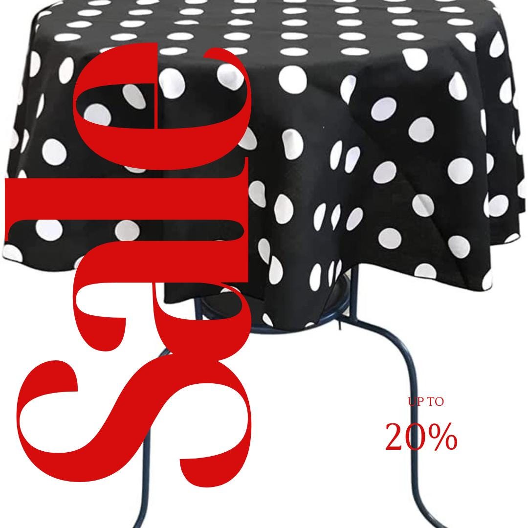 Black/White - Polka Dot - Round Print Poly Cotton Tablecloth, Table Cover Fabric Table Cloth for Dinning, Kitchen, Party, Holiday