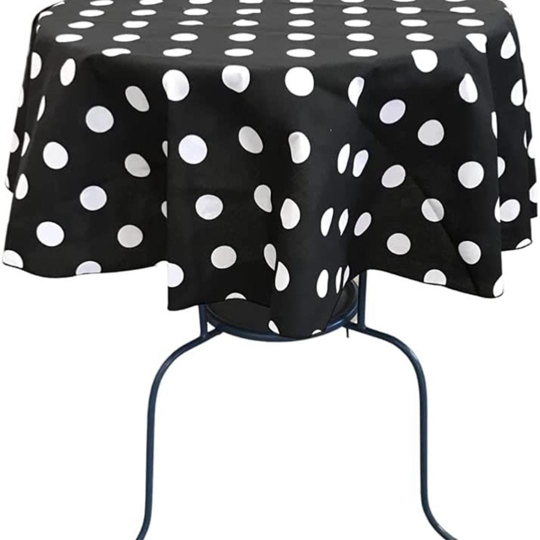 Black/White - Polka Dot - Round Print Poly Cotton Tablecloth, Table Cover Fabric Table Cloth for Dinning, Kitchen, Party, Holiday