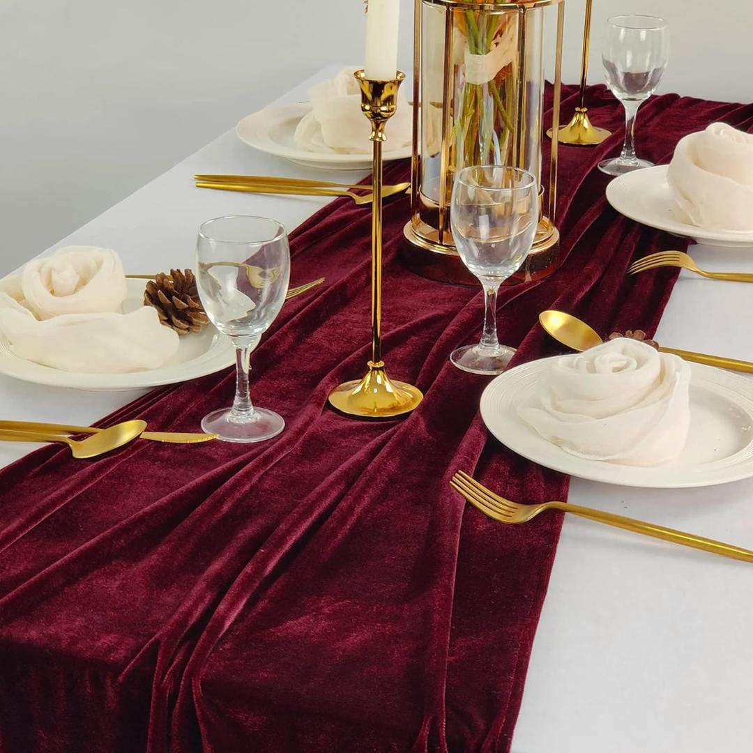 3 Pack - BURGUNDY - Luxurious Wedding Reception Decorations Soft Velvet Fabric for Party Wedding Anniversary Valentines Day Runners.