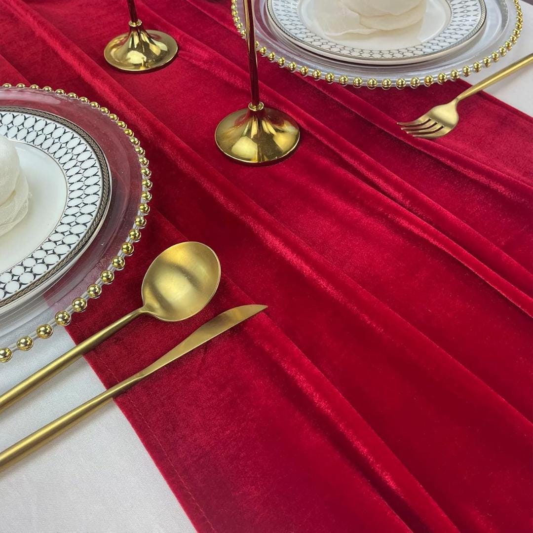 3 Pack - RED - Luxurious Wedding Reception Decorations Soft Velvet Fabric for Party Wedding Anniversary Valentines Day Runners.