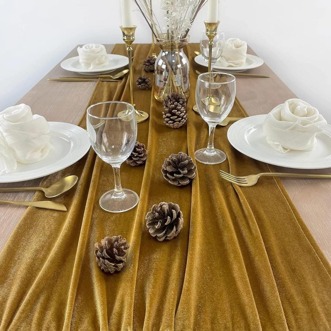3 Pack - GOLD - Luxurious Wedding Reception Decorations Soft Velvet Fabric for Party Wedding Anniversary Valentines Day Runners.