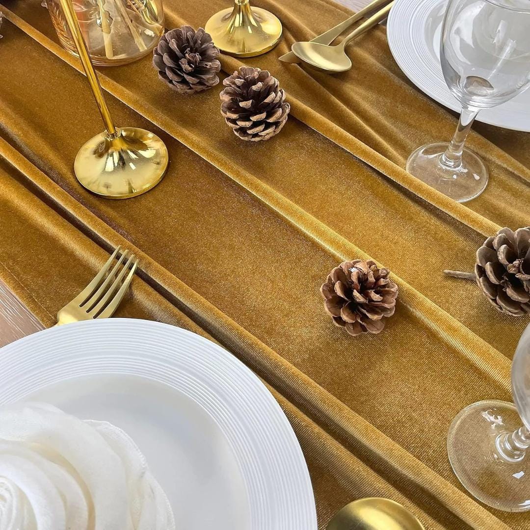 3 Pack - GOLD - Luxurious Wedding Reception Decorations Soft Velvet Fabric for Party Wedding Anniversary Valentines Day Runners.