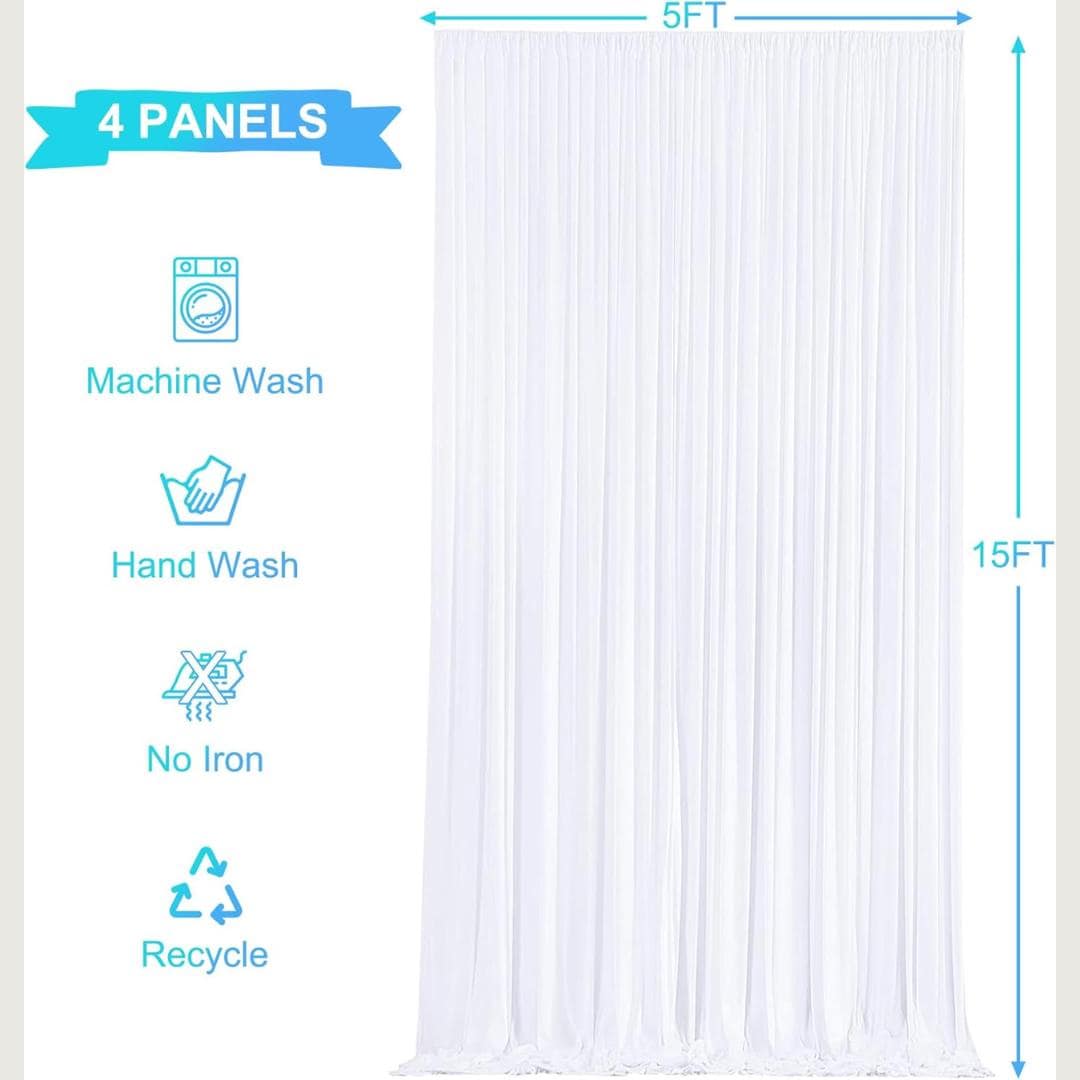 WHITE - 5Ft x 15 Ft Wrinkle Free Backdrop Curtains for Parties  - 4 Panels Silky Interlock Backdrop for Weddings Birthday Party Curtains