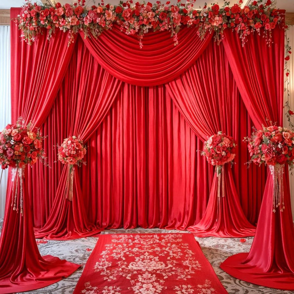 RED - 5Ft x 15 Ft Wrinkle Free Backdrop Curtains for Parties  - 4 Panels Silky Interlock Backdrop for Weddings Birthday Party Curtains