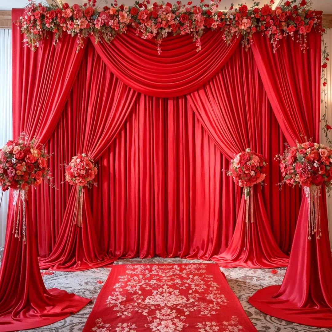 RED - 5Ft x 15 Ft Wrinkle Free Backdrop Curtains for Parties  - 4 Panels Silky Interlock Backdrop for Weddings Birthday Party Curtains