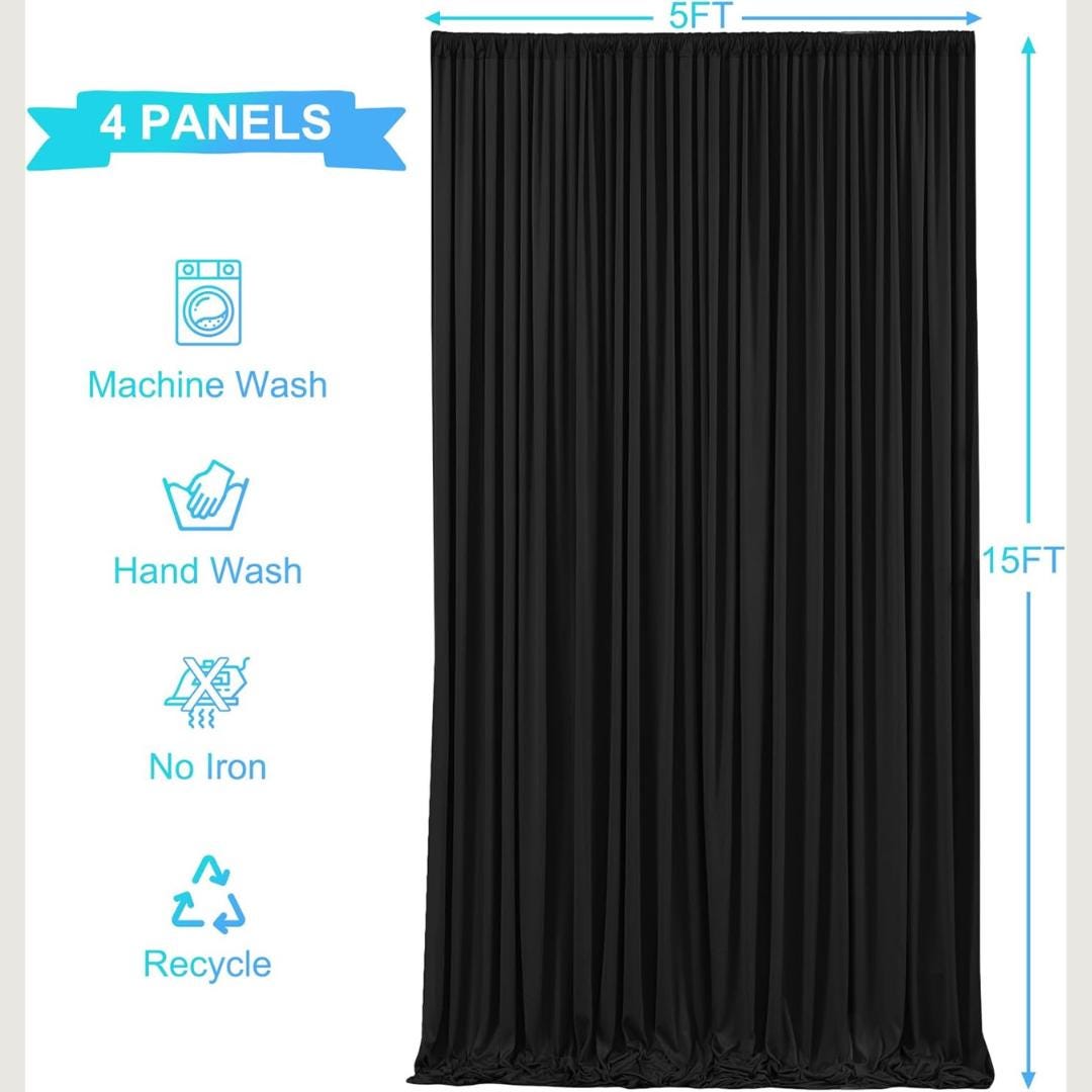 BLACK - 5Ft x 15 Ft Wrinkle Free Backdrop Curtains for Parties  - 4 Panels Silky Interlock Backdrop for Weddings Birthday Party Curtains