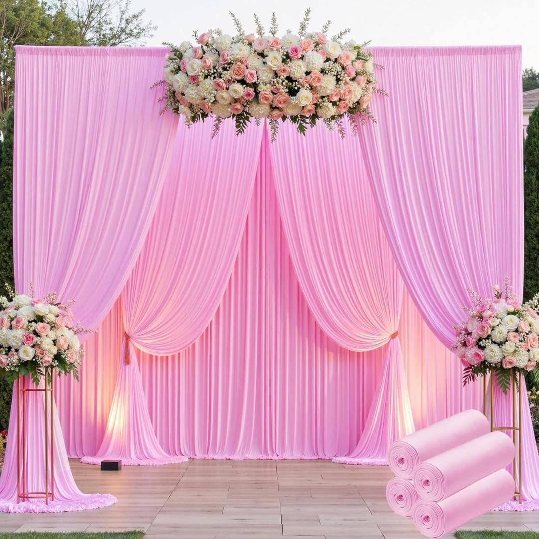 PINK - 5Ft x 15 Ft Wrinkle Free Backdrop Curtains for Parties  - 4 Panels Silky Interlock Backdrop for Weddings Birthday Party Curtains