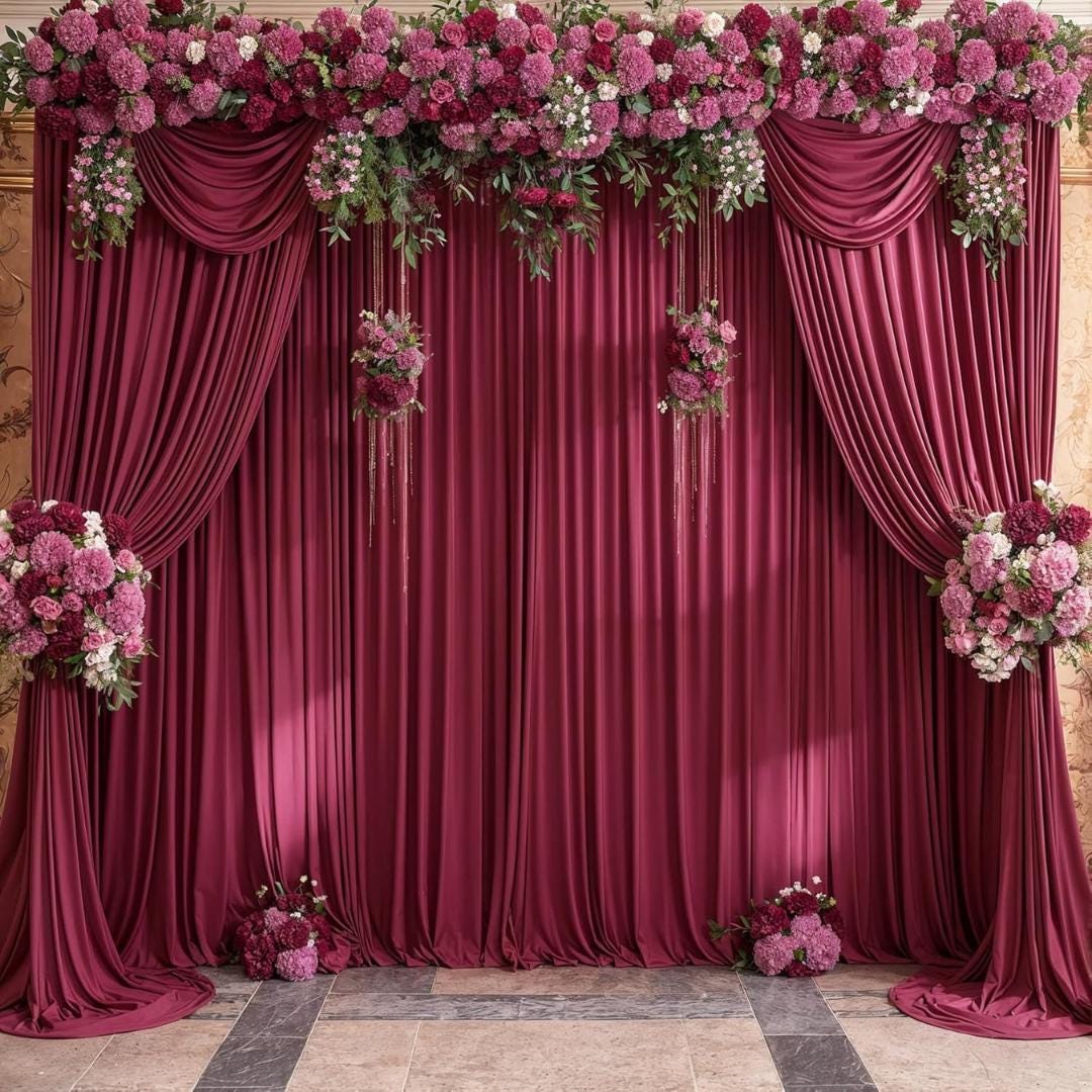 BURGUNDY - Wrinkle Free Backdrop Curtains for Parties  - 4 Panels 5x15ft Silky Interlock Backdrop for Weddings Birthday Party Curtains