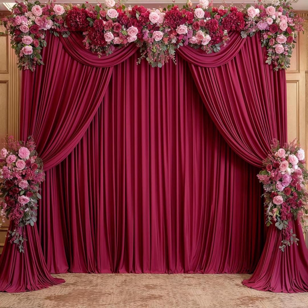 BURGUNDY - Wrinkle Free Backdrop Curtains for Parties  - 4 Panels 5x15ft Silky Interlock Backdrop for Weddings Birthday Party Curtains