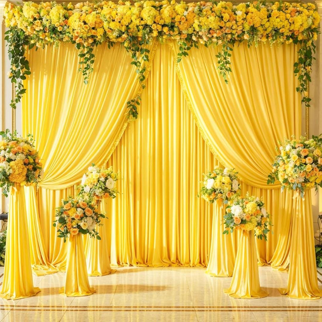 YELLOW - Wrinkle Free Backdrop Curtains for Parties  - 4 Panels 5x15ft Silky Interlock Backdrop for Weddings Birthday Party Curtains