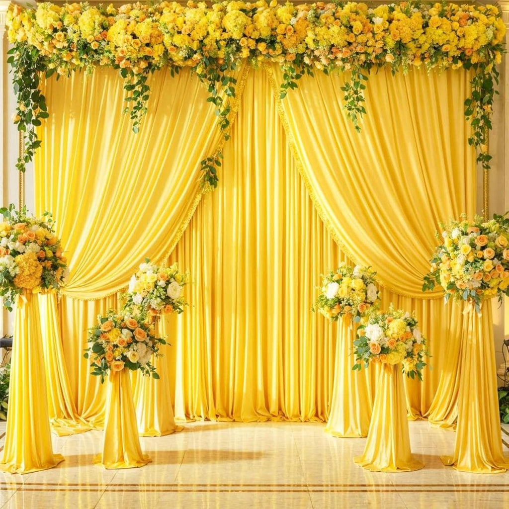 YELLOW - 5Ft x 15Ft Wrinkle Free Backdrop Curtains for Parties  - 4 Panels Silky Interlock Backdrop for Weddings Birthday Party Curtains