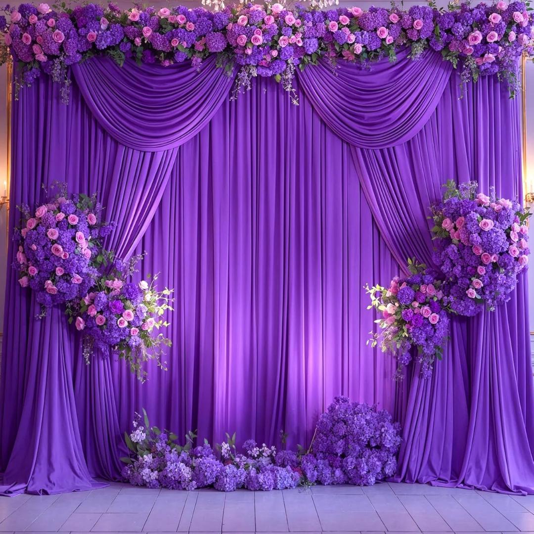 PURPLE - 5Ft x 15Ft Wrinkle Free Backdrop Curtains for Parties  - 4 Panels Silky Interlock Backdrop for Weddings Birthday Party Curtains